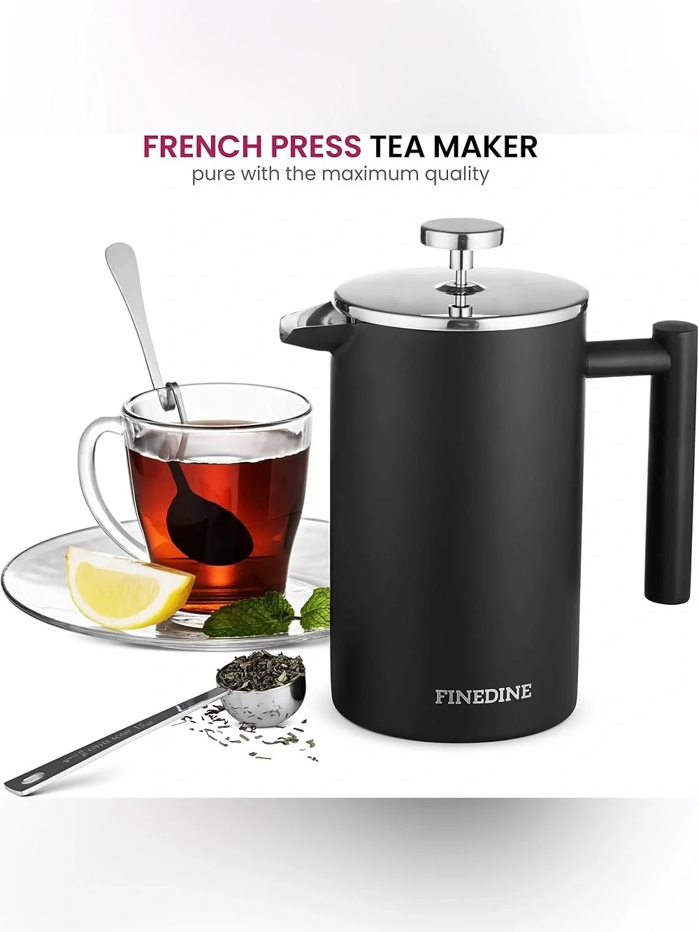Finedine Matte Black French Press Coffee Maker - Stainless Steel - 34 oz.